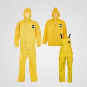 Lightweight PVC coverall and two piece ensemble for protection against splashes and sprays of liquid chemicals